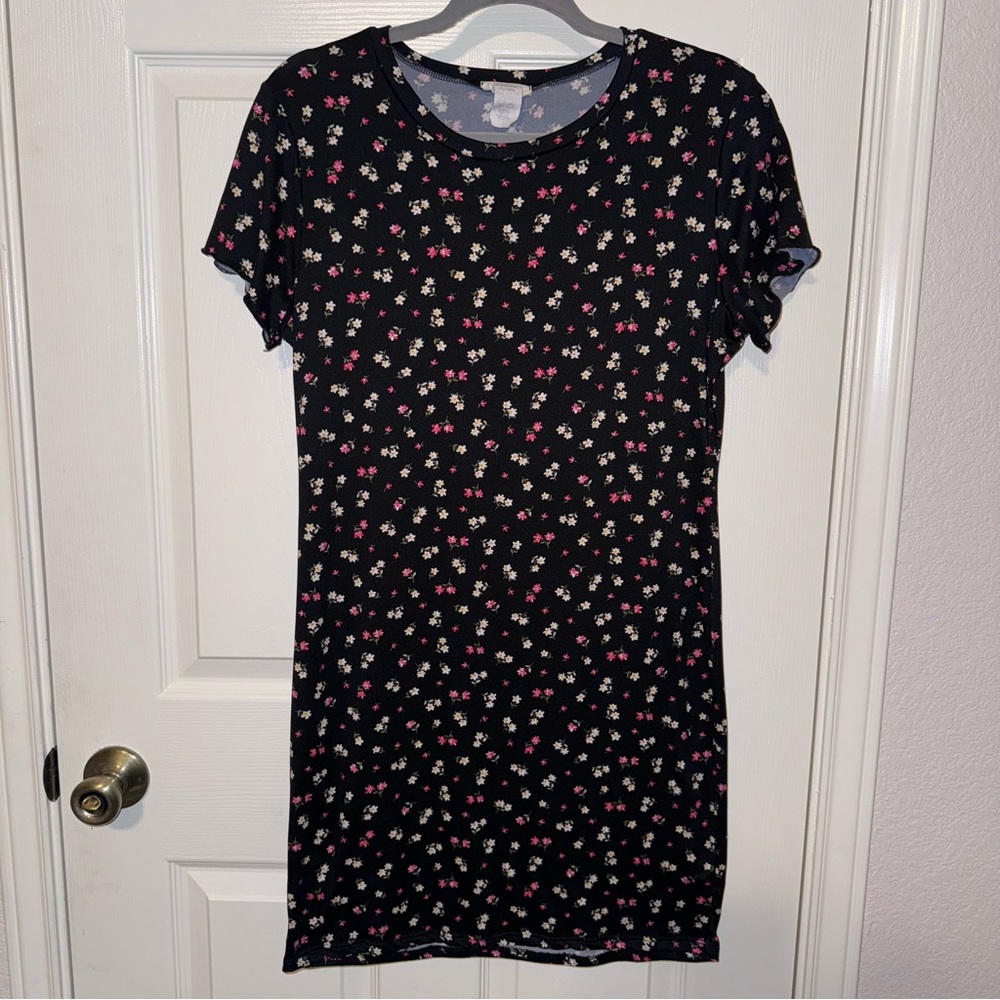 Allysse Floral Print Short Sleeve Dress Black 1X